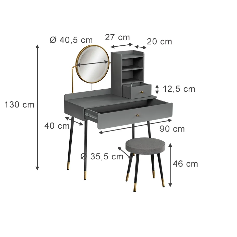 Schminktisch Mirela Grau 90 cm mit LED-Spiegel und Hocker Vicco