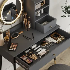 Schminktisch Mirela Grau 90 cm mit LED-Spiegel und Hocker Vicco