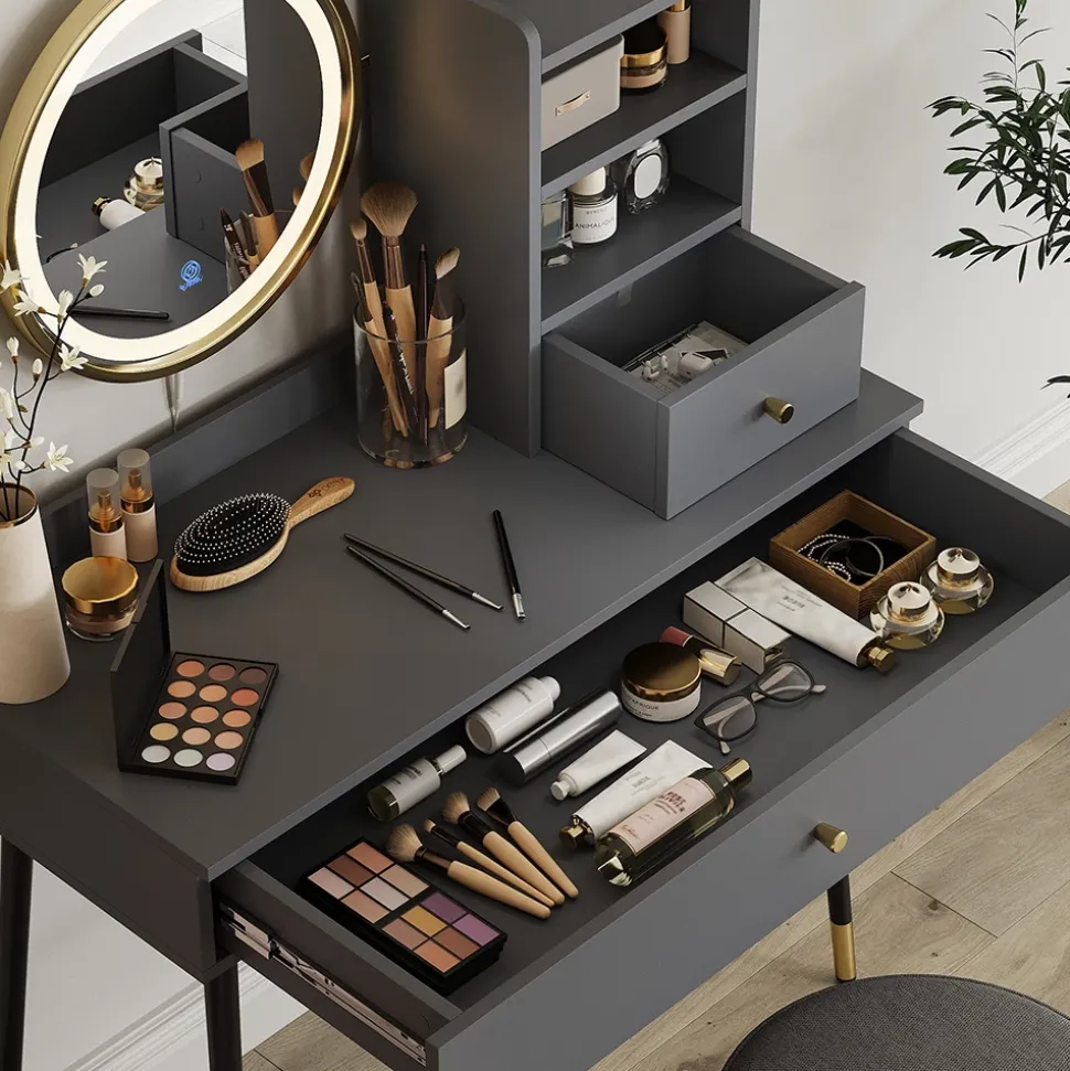 Schminktisch Mirela Grau 90 cm mit LED-Spiegel und Hocker Vicco