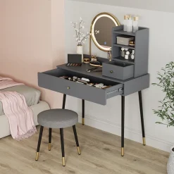Schminktisch Mirela Grau 90 cm mit LED-Spiegel und Hocker Vicco