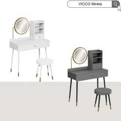 Schminktisch Mirela Grau 90 cm mit LED-Spiegel und Hocker Vicco