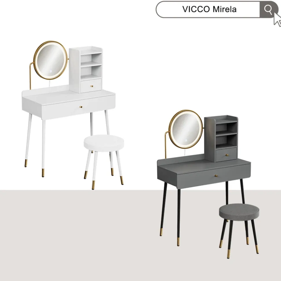 Schminktisch Mirela Grau 90 cm mit LED-Spiegel und Hocker Vicco