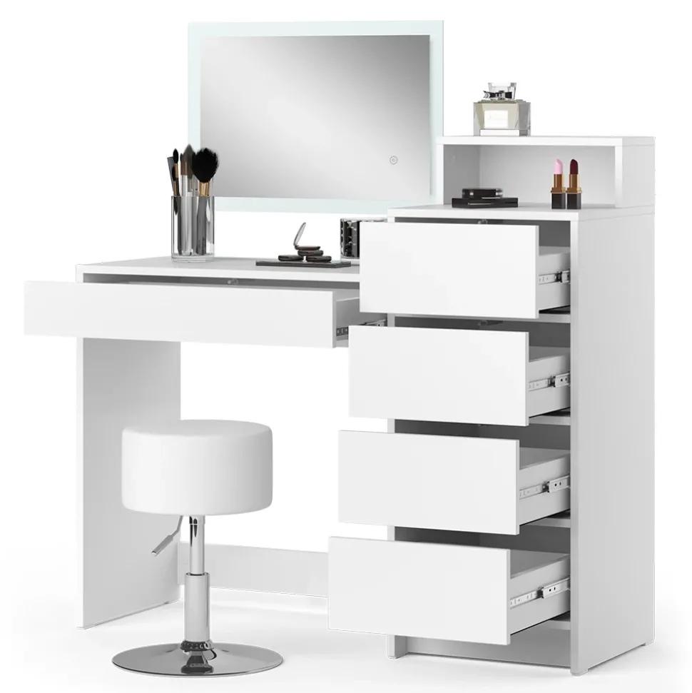 Schminktisch Naara Weiß 110.5 cm mit LED-Spiegel und Hocker Vicco