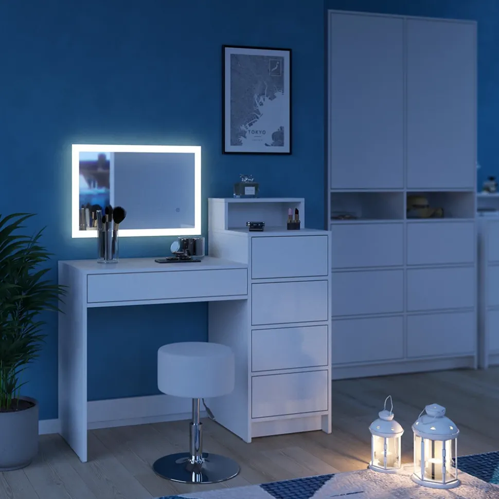 Schminktisch Naara Weiß 110.5 cm mit LED-Spiegel und Hocker Vicco