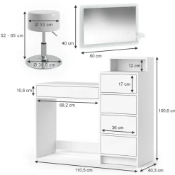 Schminktisch Naara Weiß 110.5 cm mit LED-Spiegel und Hocker Vicco