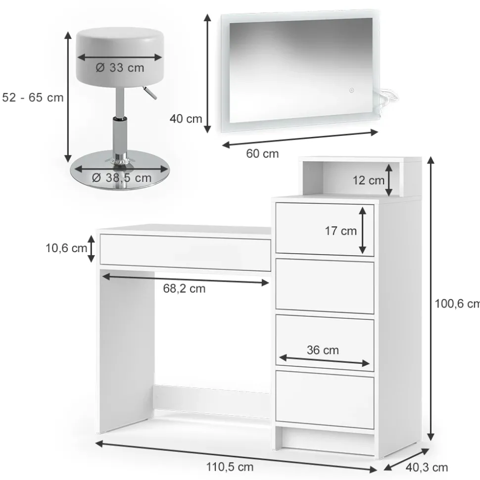 Schminktisch Naara Weiß 110.5 cm mit LED-Spiegel und Hocker Vicco