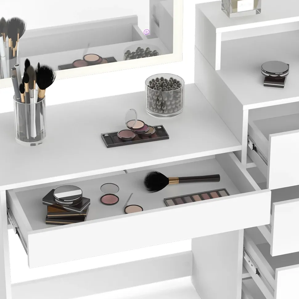 Schminktisch Naara Weiß 110.5 cm mit LED-Spiegel und Hocker Vicco