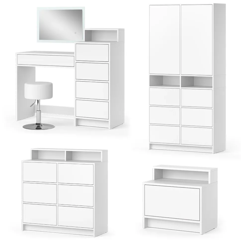 Schminktisch Naara Weiß 110.5 cm mit LED-Spiegel und Hocker Vicco