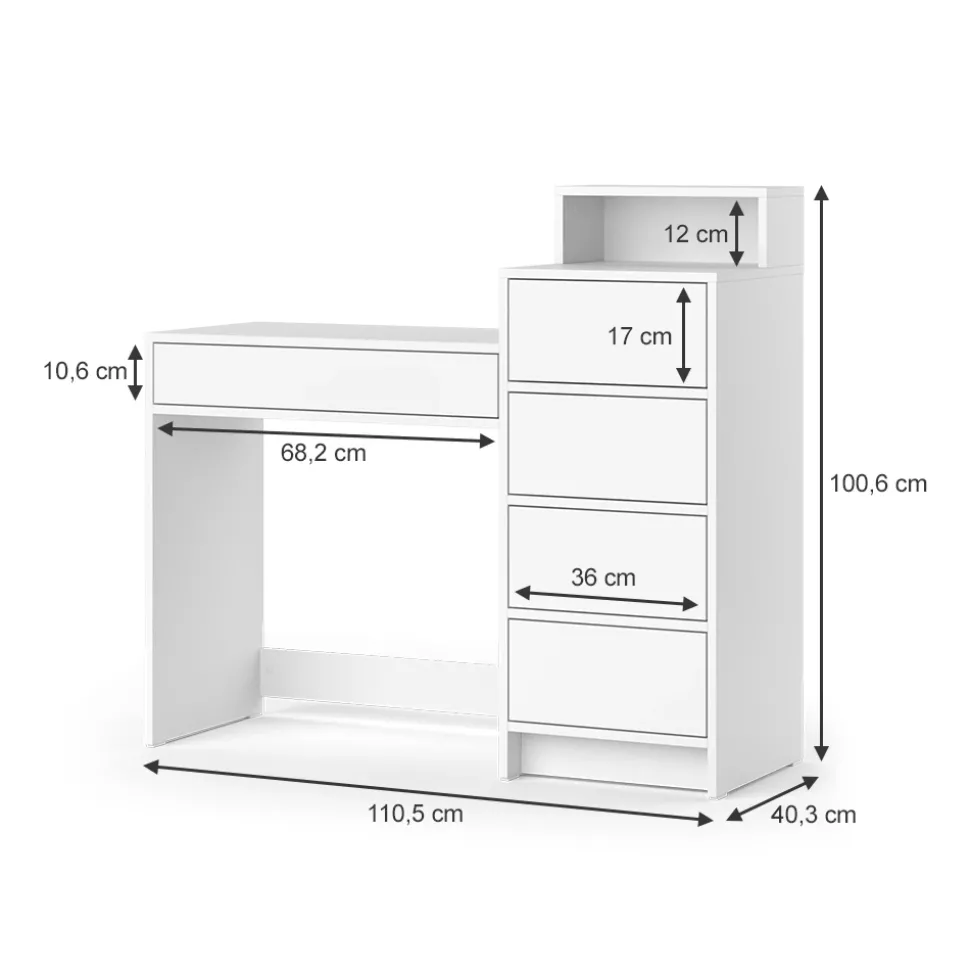 Schminktisch Naara Weiß 110.5 cm mit 5 Schubladen Vicco