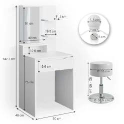 Schminktisch Ruben Weiß 60 cm mit LED Beleuchtung und Hocker Vicco