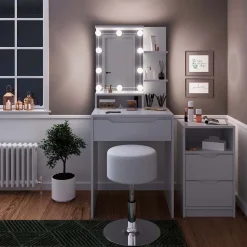 Schminktisch Ruben Weiß mit Schubladenschrank, LED Beleuchtung und Hocker Vicco