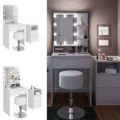 Schminktisch Ruben Weiß mit Schubladenschrank, LED Beleuchtung und Hocker Vicco