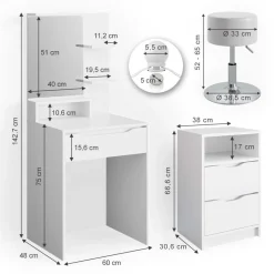 Schminktisch Ruben Weiß mit Schubladenschrank, LED Beleuchtung und Hocker Vicco