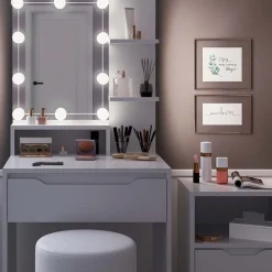 Schminktisch Ruben Weiß mit Schubladenschrank, LED Beleuchtung und Hocker Vicco