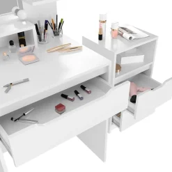 Schminktisch Ruben Weiß mit Schubladenschrank, LED Beleuchtung und Hocker Vicco