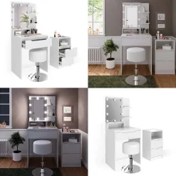 Schminktisch Ruben Weiß mit Schubladenschrank, LED Beleuchtung und Hocker Vicco