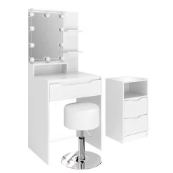 Schminktisch Ruben Weiß mit Schubladenschrank, LED Beleuchtung und Hocker Vicco