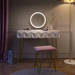 Schminktisch Ruby Weiß 100 cm mit LED Beleuchtung und Hocker Vicco