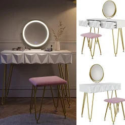 Schminktisch Ruby Weiß 100 cm mit LED Beleuchtung und Hocker Vicco