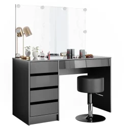 Schminktisch Sherry Anthrazit 120 cm mit LED Beleuchtung und Hocker Vicco