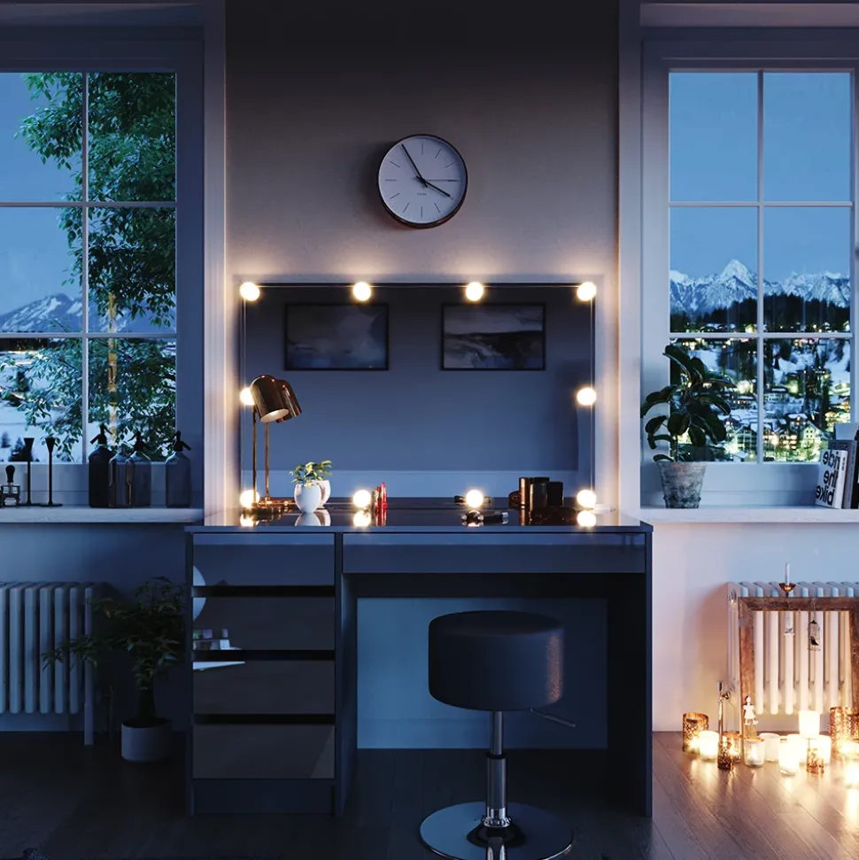 Schminktisch Sherry Anthrazit 120 cm mit LED Beleuchtung und Hocker Vicco