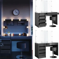 Schminktisch Sherry Anthrazit 120 cm mit LED Beleuchtung und Hocker Vicco