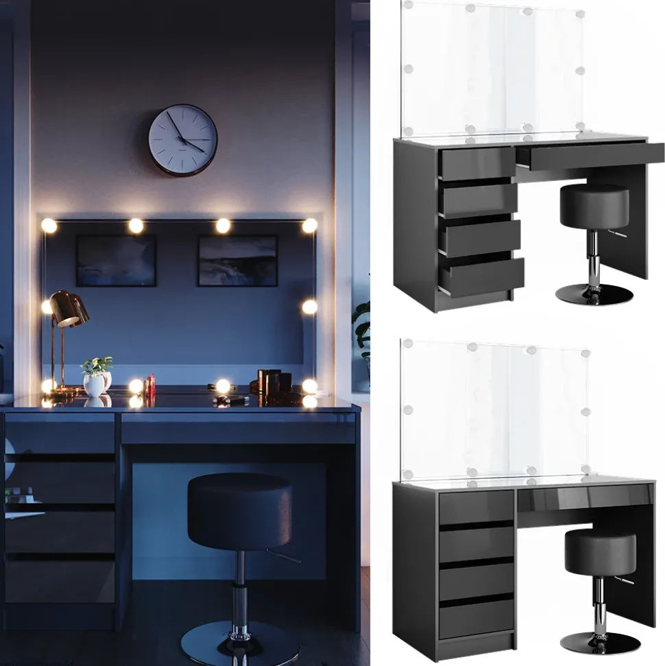 Schminktisch Sherry Anthrazit 120 cm mit LED Beleuchtung und Hocker Vicco