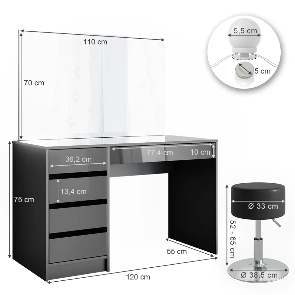 Schminktisch Sherry Anthrazit 120 cm mit LED Beleuchtung und Hocker Vicco