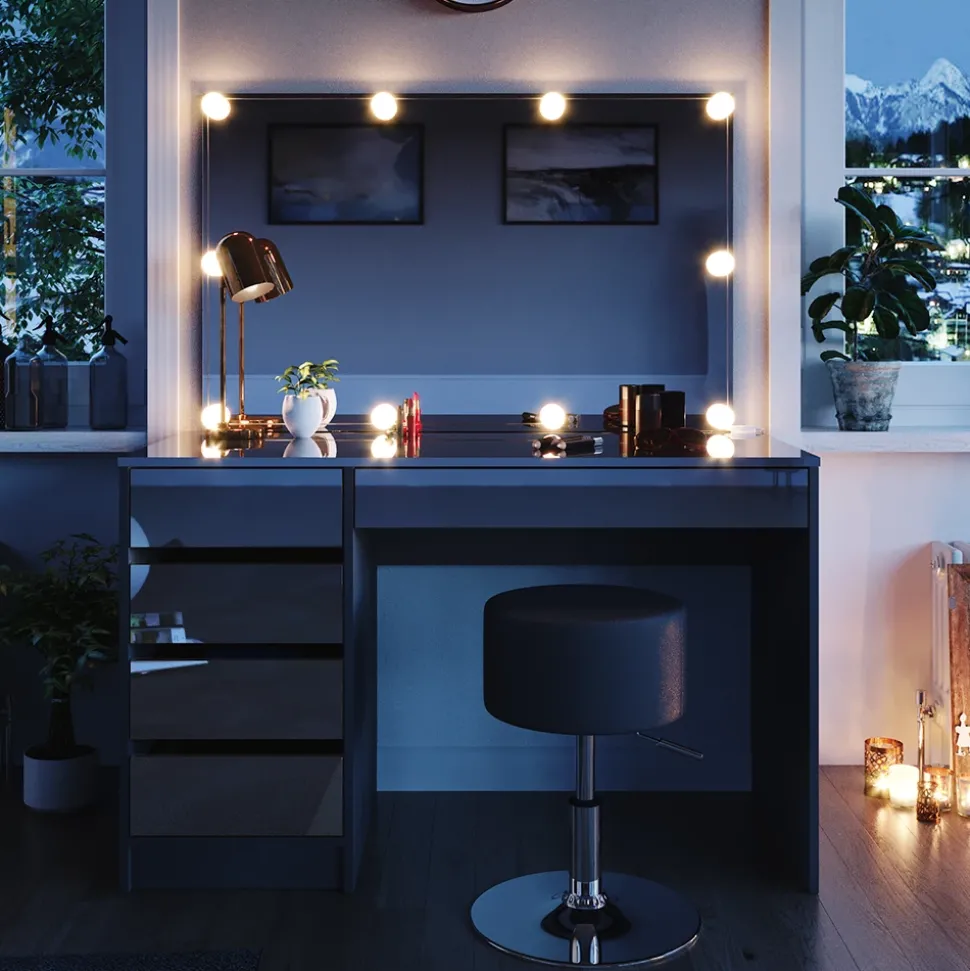 Schminktisch Sherry Anthrazit 120 cm mit LED Beleuchtung und Hocker Vicco
