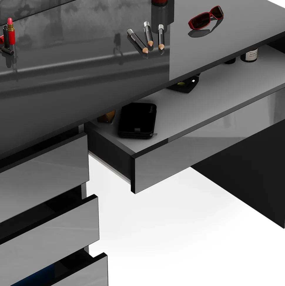Schminktisch Sherry Anthrazit 120 cm mit LED Beleuchtung und Hocker Vicco