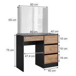 Schminktisch Sherry Anthrazit/Goldkraft Eiche 90 cm mit Spiegel Vicco