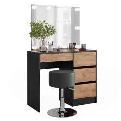 Schminktisch Sherry Anthrazit/Goldkraft Eiche 90 x 75 cm mit Spiegel, LED-Beleuchtung & Hocker Vicco