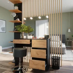 Schminktisch Sherry Anthrazit/Goldkraft Eiche 90 x 75 cm mit Spiegel, LED-Beleuchtung & Hocker Vicco