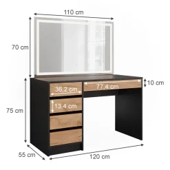 Schminktisch Sherry Anthrazit/Goldkraft Eiche 120 x 75 cm mit LED-Spiegel Vicco
