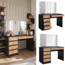 Schminktisch Sherry Anthrazit/Goldkraft Eiche 120 x 75 cm mit Spiegel & LED-Beleuchtung Vicco