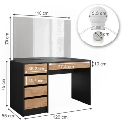 Schminktisch Sherry Anthrazit/Goldkraft Eiche 120 x 75 cm mit Spiegel & LED-Beleuchtung Vicco