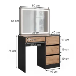 Schminktisch Sherry Anthrazit/Goldkraft Eiche 90 x 75 cm mit LED-Spiegel Vicco