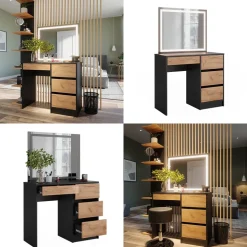 Schminktisch Sherry Anthrazit/Goldkraft Eiche 90 x 75 cm mit LED-Spiegel Vicco