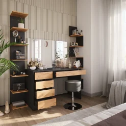 Schminktisch Sherry Anthrazit/Goldkraft Eiche 120 x 75 cm mit Spiegel und Hocker Vicco