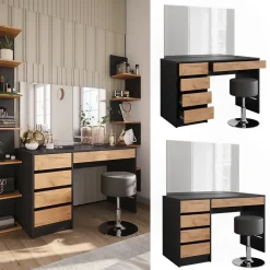 Schminktisch Sherry Anthrazit/Goldkraft Eiche 120 x 75 cm mit Spiegel und Hocker Vicco