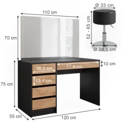Schminktisch Sherry Anthrazit/Goldkraft Eiche 120 x 75 cm mit Spiegel und Hocker Vicco