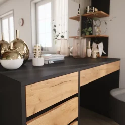 Schminktisch Sherry Anthrazit/Goldkraft Eiche 120 x 75 cm mit Spiegel und Hocker Vicco