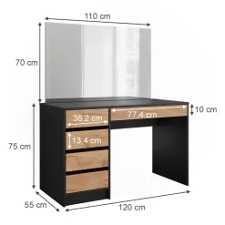 Schminktisch Sherry Anthrazit/Goldkraft Eiche 120 x 75 cm mit Spiegel Vicco