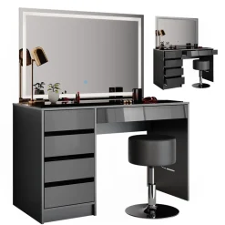 Schminktisch Sherry Anthrazit 120 cm mit LED-Spiegel und Hocker Vicco