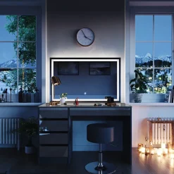 Schminktisch Sherry Anthrazit 120 cm mit LED-Spiegel und Hocker Vicco