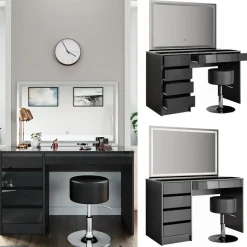 Schminktisch Sherry Anthrazit 120 cm mit LED-Spiegel und Hocker Vicco