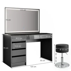 Schminktisch Sherry Anthrazit 120 cm mit LED-Spiegel und Hocker Vicco