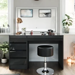 Schminktisch Sherry Anthrazit 120 cm mit LED-Spiegel und Hocker Vicco