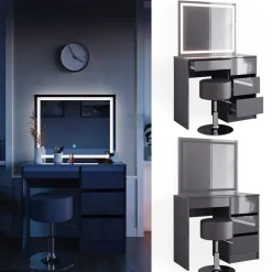 Schminktisch Sherry Anthrazit 90 cm mit LED Spiegel und Hocker Vicco