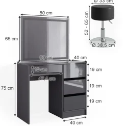 Schminktisch Sherry Anthrazit 90 cm mit LED Spiegel und Hocker Vicco
